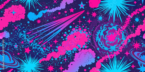 Vibrant neon cosmic nebula with shooting stars and planets in a retro sci fi style