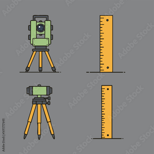 This vector illustration displays essential surveying equipment: total station, auto level, and measuring rods, crucial for precise land mapping.