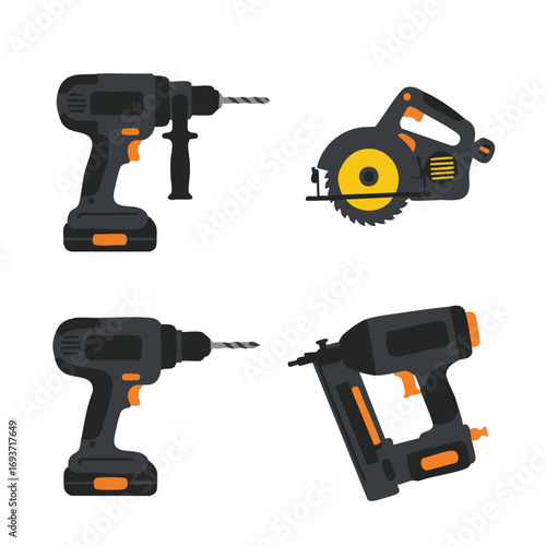 A vibrant illustration of essential modern electric power tools, including drills, a circular saw, and a nail gun, for construction and DIY projects.