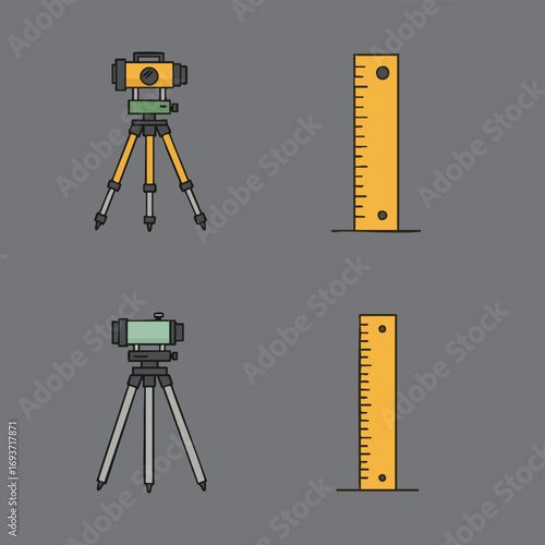 Vector illustration of surveying equipment, featuring two levels on tripods and two measuring staffs, crucial for land measurement and engineering projects.