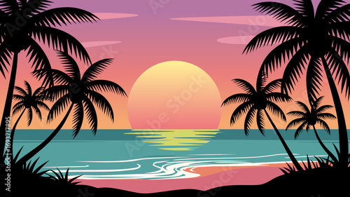 Vector illustration of a tropical beach sunset with palm tree silhouettes, colorful sky, and ocean waves. Perfect for summer, travel, and vacation themes.