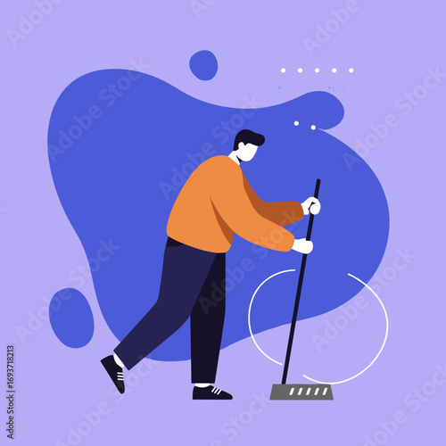 Illustration of a man actively sweeping with a broom, showcasing daily home cleaning or professional maintenance, symbolizing tidiness and routine tasks.
