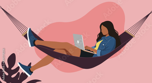 Relaxed woman works remotely on laptop in a hammock, embodying flexible work, digital nomad lifestyle, and achieving work-life balance.