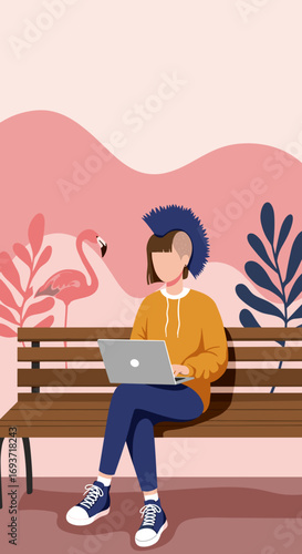 Unique individual with a punk hairstyle working remotely on a laptop in a vibrant, natural setting, symbolizing modern digital nomadism and independent lifestyle.