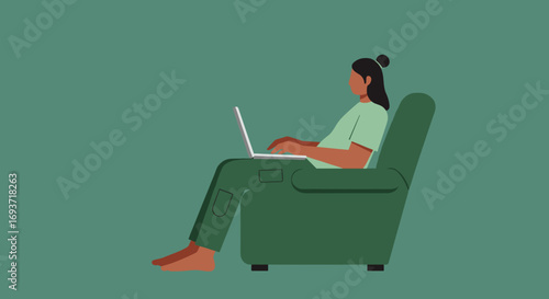 Person comfortably working remotely on a laptop from a green armchair. Represents modern flexible work, productivity, and digital lifestyle at home.