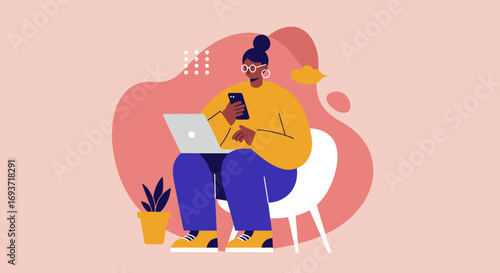 Modern illustration of a person multitasking with a laptop and smartphone, embodying remote work, digital communication, and online productivity in a casual setting.