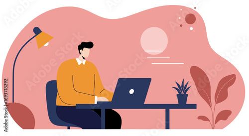 A focused man works remotely on a laptop at his desk, embodying productivity, online learning, or modern business and lifestyle.