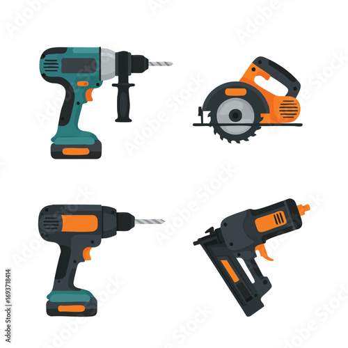 An assortment of modern power tools, including two drills, a circular saw, and a practical nail gun, essential for building, repair, and DIY tasks.