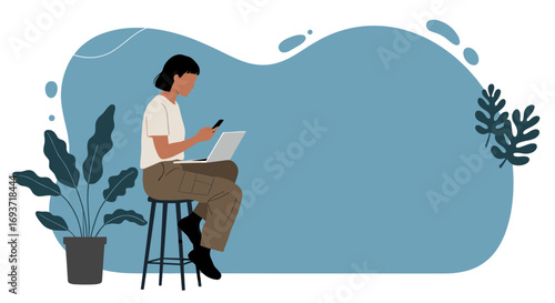 A woman multitasks, working remotely on her laptop and phone in a modern setting. Ideal for themes of productivity, digital communication, and flexible work.