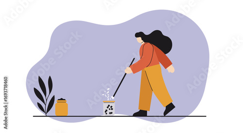 Woman preparing or sorting materials in a recycling bin, symbolizing environmental responsibility and sustainability. Ideal for eco-friendly initiatives.