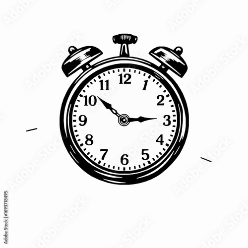 Stylized Twin Bell Alarm Clock Sketch with Ink Splatter Effect time vintage
