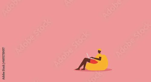 Relaxed person on a bean bag uses a laptop, symbolizing remote work, freelance, or casual online learning. Modern lifestyle concept.
