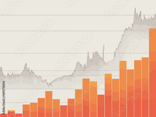 A detailed business data visualization showing a positive upward trend with an orange bar chart and a gray area graph, representing financial growth.