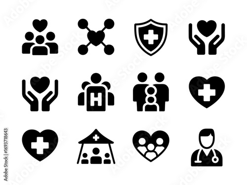 Minimalist glyph icon set for healthcare, community support, and medical services. Vector symbols for charity, family, and protection.