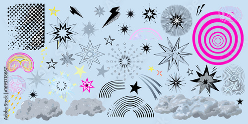 Collection of diverse graphic elements featuring stars explosions lightning bolts rainbows and clouds on a light blue background