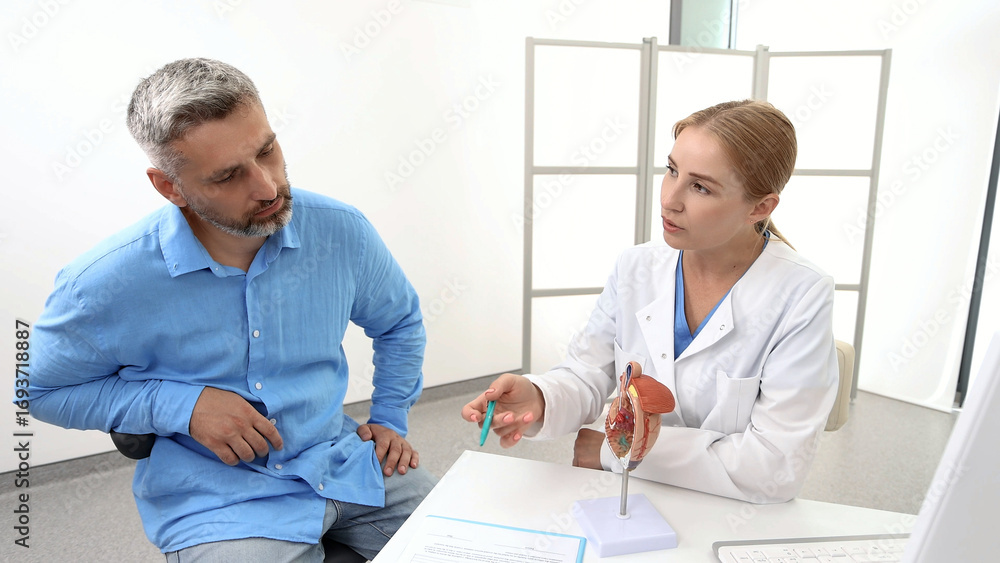 Fototapeta premium Gastroenterologist consultation, treatment of stomach diseases and ulcers. Doctor prescribes treatment for patient with abdominal pain. Gastroenterology