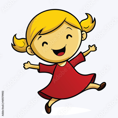 Adorable blonde girl cheerfully jumping with joy and excitement, perfect for kids' activities, school projects, and children's illustration needs