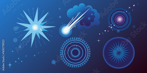 Abstract cosmic scene with stylized stars a shooting star and celestial patterns in deep blue hues