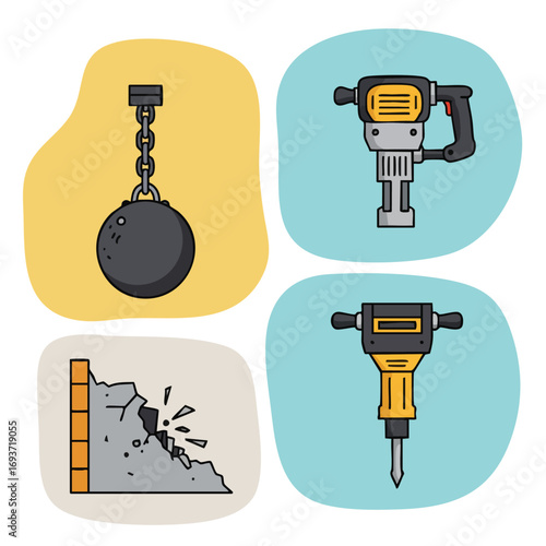 A collection of essential demolition tools and processes, including a wrecking ball, jackhammers, and a crumbling wall, illustrating heavy construction work.