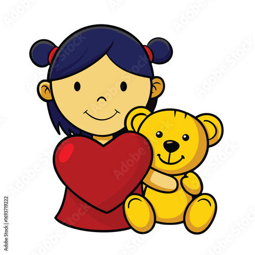 Adorable girl with teddy bear and heart, perfect for Valentine's Day cards, children's books, and heartwarming family content