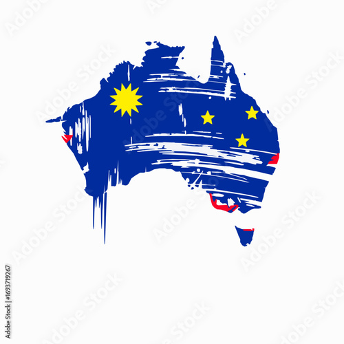 Australian Map with Flag Colors and Stars Grunge Style Isolated on White vector illustration