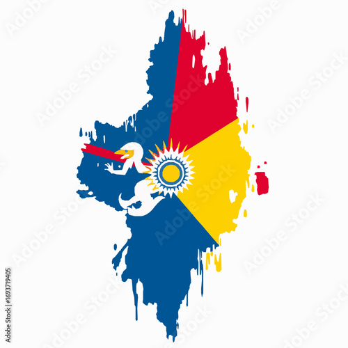 Abstract map shape of Kiribati with flag elements and brush stroke effect Keywords: Kiribati map, island nation, oceania, pacific ocean, flag elements, sun, frigatebird, stars