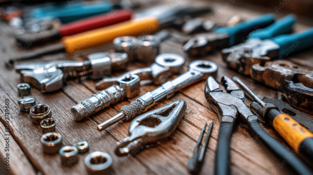 Fototapeta premium CloseUp of a Toolbox, Brimming with Various Building Tools Perfect for Construction and DIY Projects, Capturing Industry and Creativity.