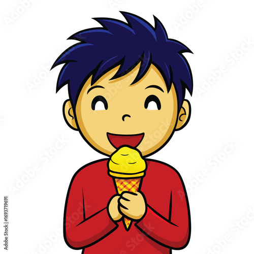 Happy young boy enjoying a delicious yellow ice cream cone, a sweet treat on a sunny day, creating joy and childhood memories