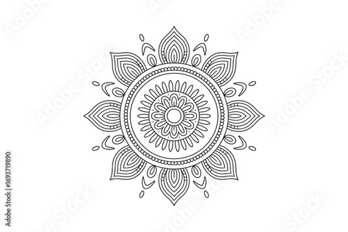 Simple Mandala Design: Black and White Floral Pattern for Coloring Books, Henna Tattoos, and Spiritual Designs in Isolated Style on White Background
