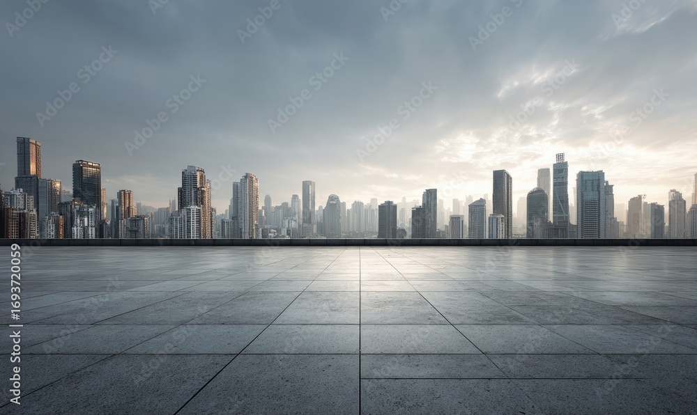 Obraz premium Empty rooftop overlooking a modern city skyline