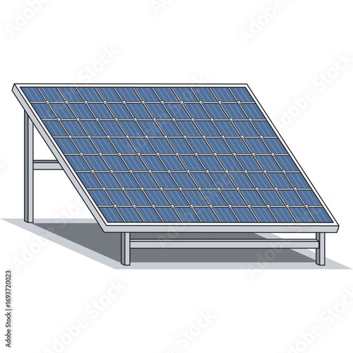 Solar panel vector with stand and shadow, realistic style design for renewable energy, sustainability, electricity generation, photovoltaic system, green power, and eco-friendly technology concepts.
