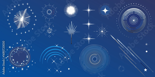 Collection of starbursts and celestial elements on a deep blue gradient background