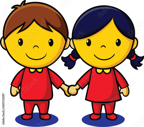Adorable cartoon kids holding hands, radiating friendship and joy, perfect for children's books, educational resources, and cheerful designs