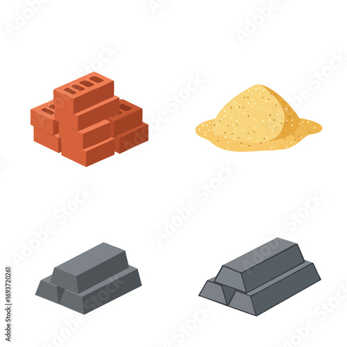 The image depicts various essential raw materials used in construction and industry, presented in a clean, isolated vector style, perfect for design projects.