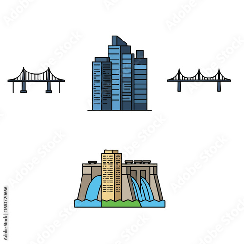 A graphic illustration of essential infrastructure, featuring a modern skyscraper, two elegant bridges, and a powerful hydroelectric dam.