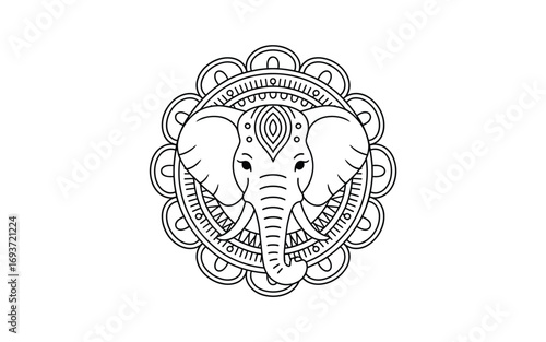 Elegant Elephant Mandala Outline for Coloring Pages and Digital Designs: Geometric Patterns and Traditional Ornamentation, Black and White Artwork, Printable