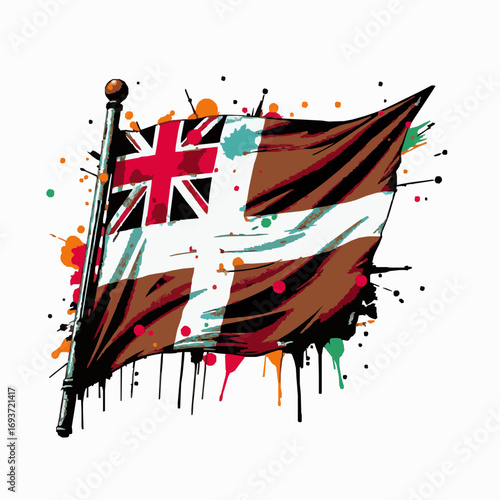 Waving British Ensign Flag with Brown and White Stripes Splattered with Colorful Paint Drops and Drips
