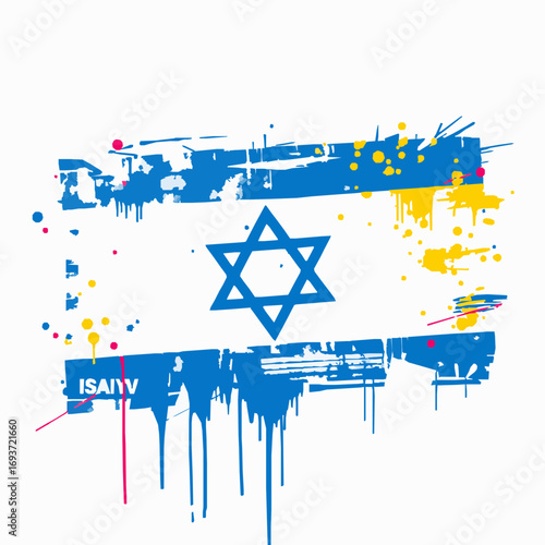 Israel flag with blue and white stripes and Star of David in blue and yellow paint splatters Keywords: Israel flag, flag of Israel, blue, white, yellow, red, Star of David, Magen