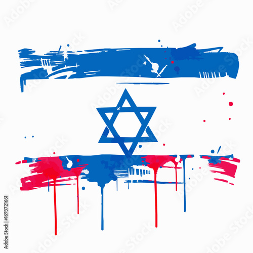 Israel flag with blue and white stripes and Star of David in red and blue paint splatters Keywords: Israel flag, flag of Israel, blue, white, red, Star of David, Magen David