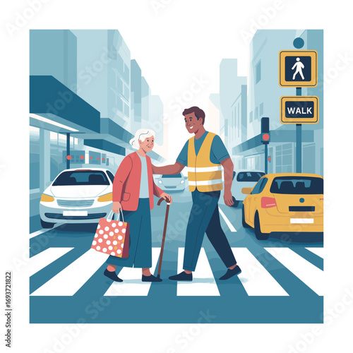 Helpful crossing guard assists elderly woman safely across busy city street pedestrian crossing white background