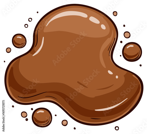 Glossy Brown Chocolate Splat with Droplets and Bubbles