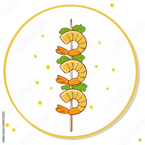 Delicious shrimp skewers with lettuce in a minimalist style drawing and golden polka dot pattern.