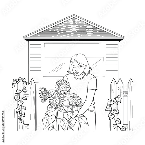 Woman picking flowers from garden in front of small shed with picket fence white background