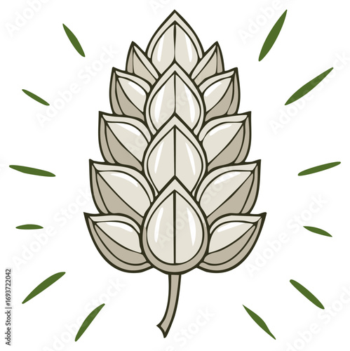 Stylized hop cone illustration with radiating green accents for brewing and natural products