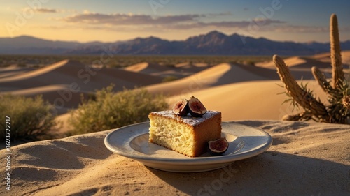 A slice of cake adorned with figs sits on a plate in a serene desert landscape at sunset