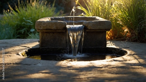 Serene garden fountain with flowing water surrounded by lush greenery and warm sunlight