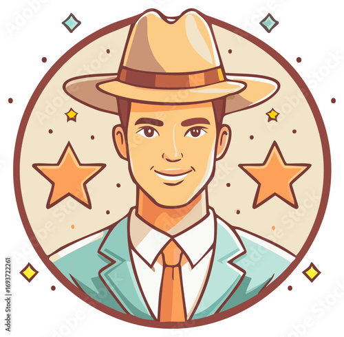 Cartoon Portrait of a Businessman in Hat and Suit with Stars, Colorful Vintage Style Illustration