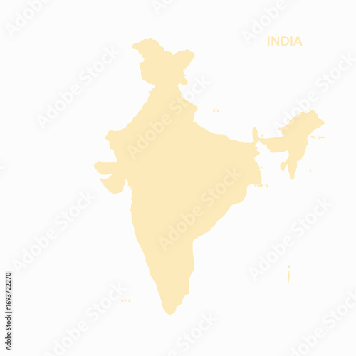 Outline Map of India in a Soft Yellow Hue with City Names Keywords: India, map, outline, geography, country, nation, territory, travel, tourism, destination, illustration