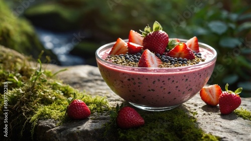 Fresh smoothie bowl topped with strawberries and seeds, placed on a mossy stone near a flowing stream