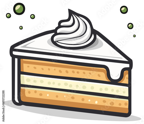 Delicious cartoon layered cake slice with white frosting and whipped cream illustration